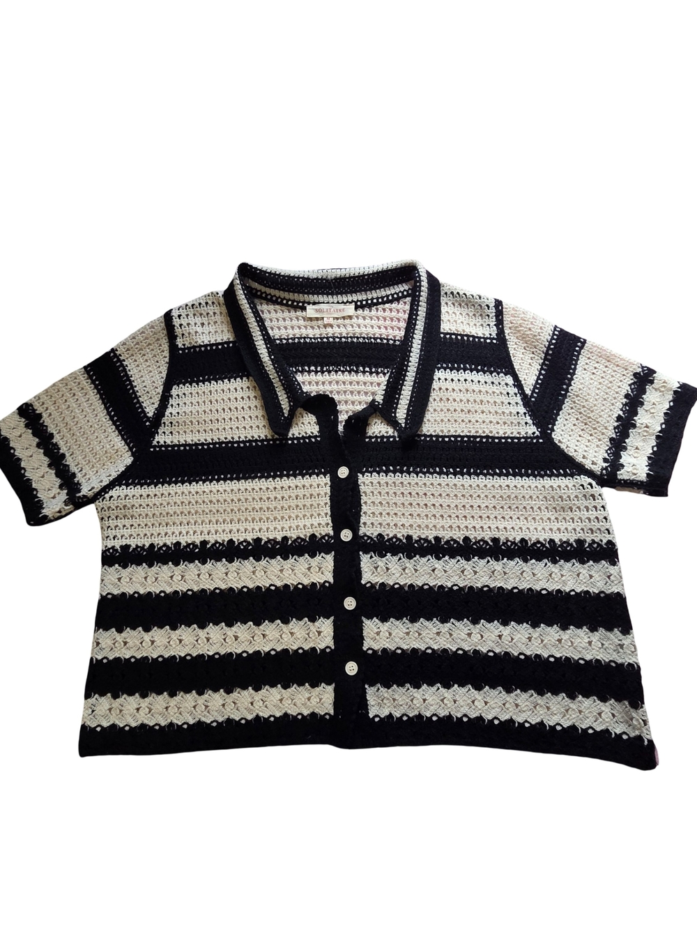 Solitaire Black & White Crochet Button-Front Polo - Kids